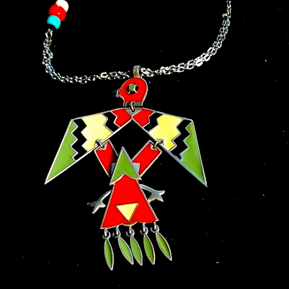 INDIAN THUNDERBIRD ENAMEL VINTAGE MOVABLE PARTS NECKLACE.